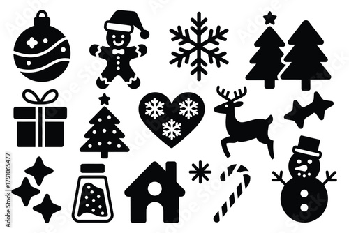 A collection of festive Christmas icons and symbols for holiday decoration and design.