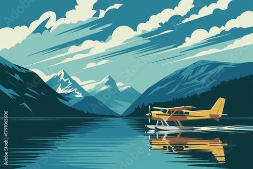 Vintage Seaplane Gliding Over Serene Mountain Lake with Majestic Peaks in Vibrant Blue and Yellow Hues