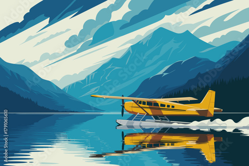 Vibrant Yellow Seaplane Skimming Across Tranquil Mountain Lake Under Dramatic Blue Skies