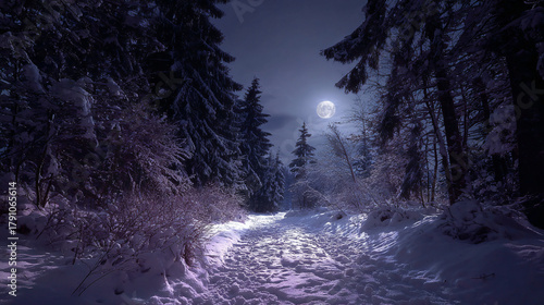 Fototapeta Naklejka Na Ścianę i Meble -  Christmas snowy forest path under moonlight 