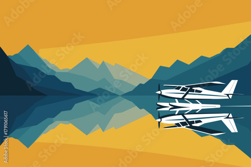 Serene Aerial View of Seaplanes Ready for Adventure in Tranquil Lakeside Reflection during Golden Sunset