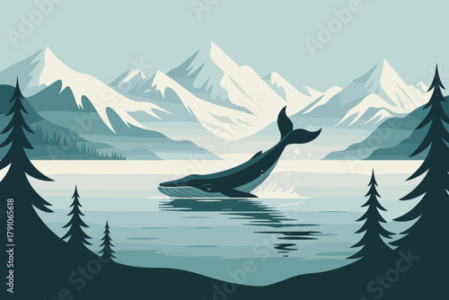 Majestic Humpback Whale Breaching in Serene Mountain Lake Against a Tranquil Blue Landscape