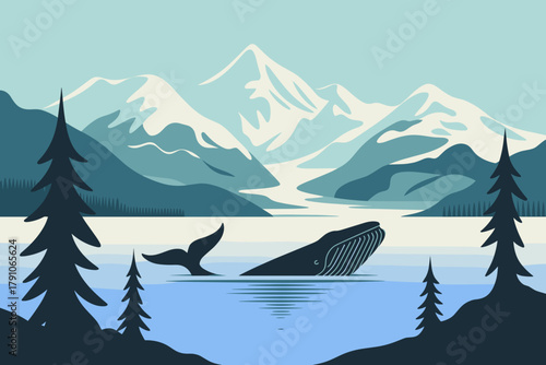 Majestic Whale Breaching Amidst Serene Mountain Landscape in Soft Teal and Blue Tones