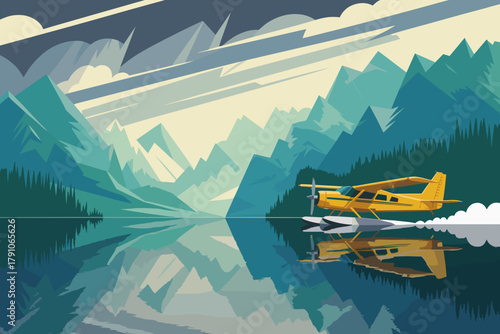 Vibrant Yellow Seaplane Skimming Across Crystal-Clear Lake Surrounded by Majestic Mountains in Cool Tones