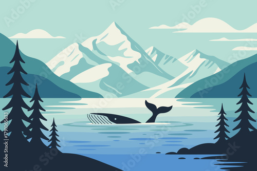 Majestic Whale Breaching in Serene Lake Surrounded by Snow-Capped Mountains and Pine Trees