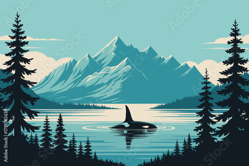 Serene Mountain Landscape with Orca Swimming in Tranquil Waters Beneath Soft Blue Skies