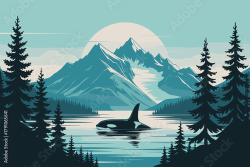 Majestic Orca Swimming in Tranquil Lake Surrounded by Serene Mountains Under a Soft Turquoise Sky
