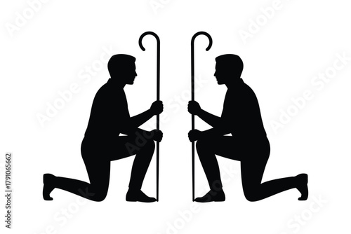 Two silhouetted figures kneel facing each other, each holding a shepherd's crook.