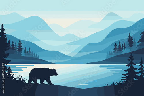 Serene Blue Mountain Landscape with a Bear Silhouetted by Tranquil Lake at Dusk