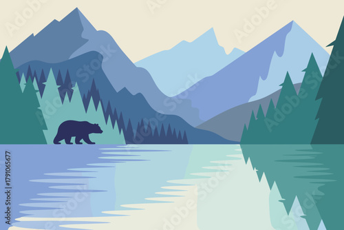 Serene Wilderness Landscape with Bear Silhouette by Tranquil Lake and Majestic Mountains
