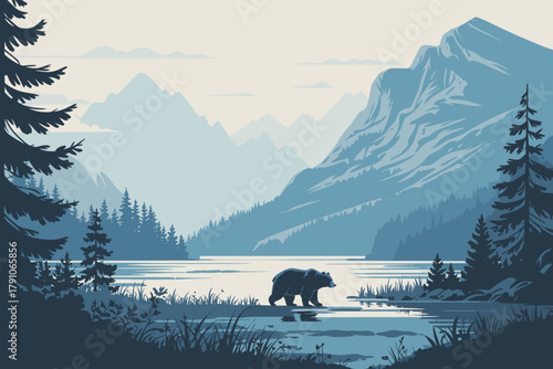 Majestic Bear Roaming by Tranquil Mountain Lake at Dawn in Serene Blue Tones