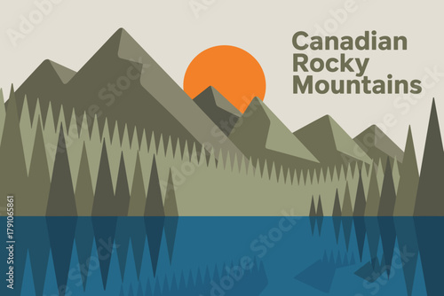Stylized Retro Landscape of the Canadian Rocky Mountains with Bold Colors and a Serene Lake Reflection