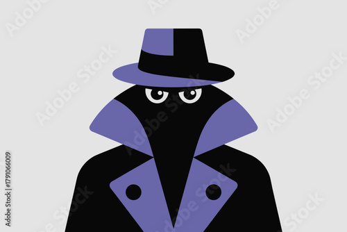 Mysterious Spy Character in a Bold Cartoon Style with Purple Highlights and a Classic Trench Coat