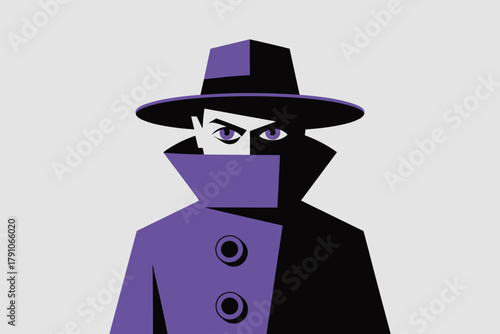 Mysterious Shadowy Figure in Purple Trench Coat and Hat, Perfect for Suspenseful Themes