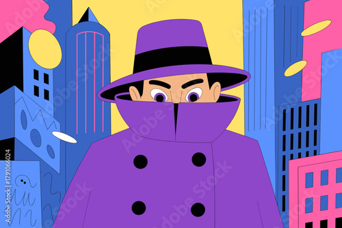 Mysterious Detective in Purple Trench Coat Against Vibrant Urban Skyline with Bold Colors
