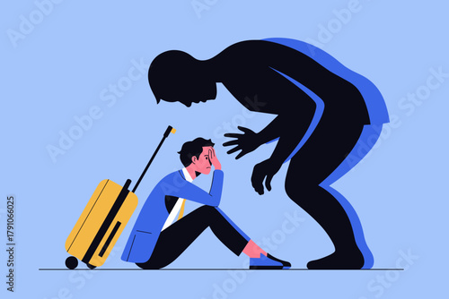 Overwhelmed Traveler with Luggage Facing Their Shadowed Anxiety in Soft Blue Tones