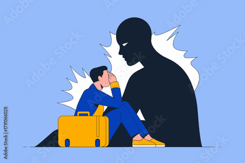 Overwhelmed Businessman Sitting with Head in Hands Facing Shadowed Struggles in Calm Blue Setting