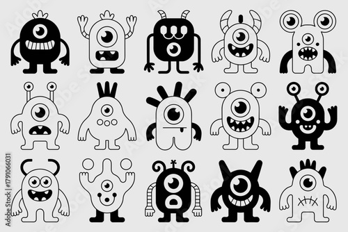 Playful Collection of Whimsical One-Eyed Monsters in Bold Black and White