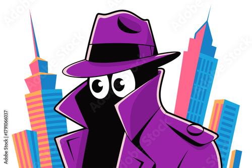 Stylish Cartoon Spy in Purple Coat Against Urban Skyline with Retro Vibes