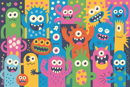 Cheerful Collection of Colorful Cartoon Monsters Celebrating in Playful Patterns and Bright Colors