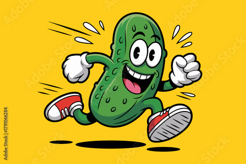 Playful Cartoon Pickle Running Joyfully on Bright Yellow Background