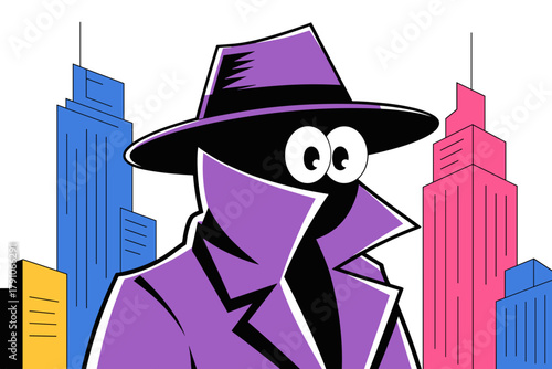 Mystery Character in Purple Trench Coat Against a Colorful Urban Skyline