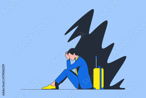 Anxious Traveler Sitting on the Floor with a Yellow Suitcase Against a Bold Graphic Background