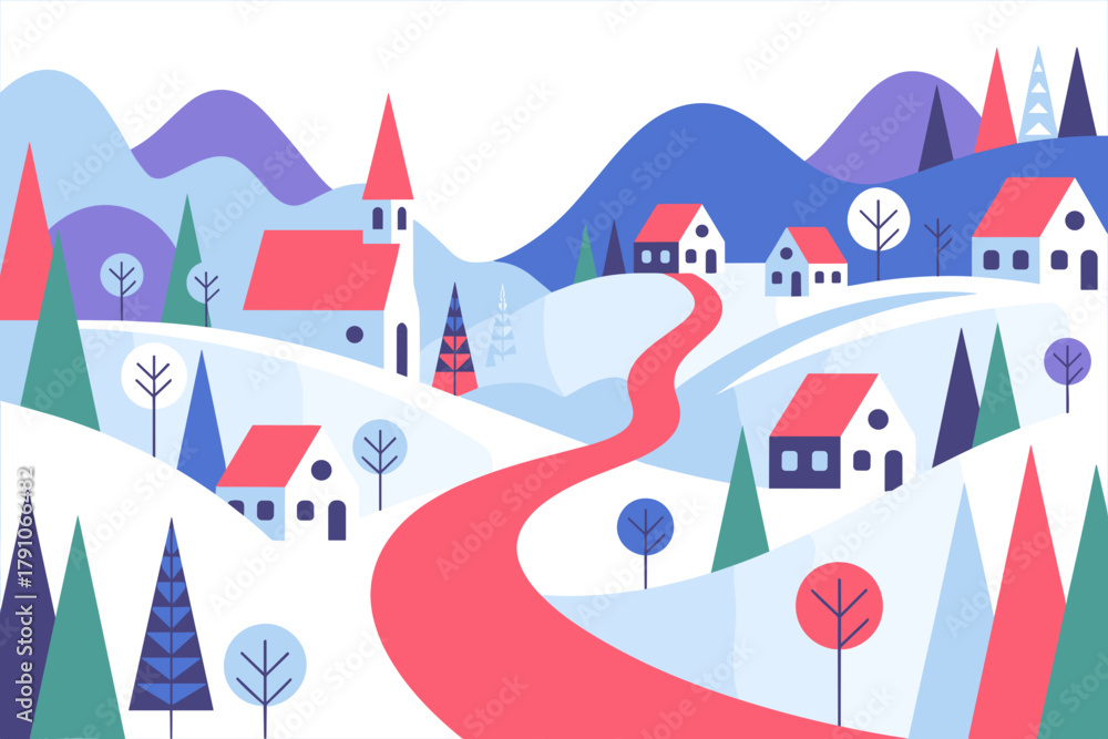 Naklejka premium Charming Winter Village with Snow-Capped Mountains and Red Pathway in Soft Pastels