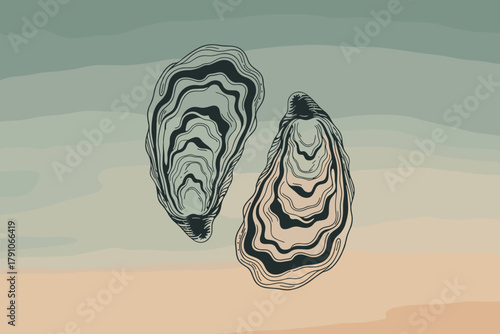Stylized Black and White Illustration of Two Oysters Against a Soft Aqua and Peach Gradient Background