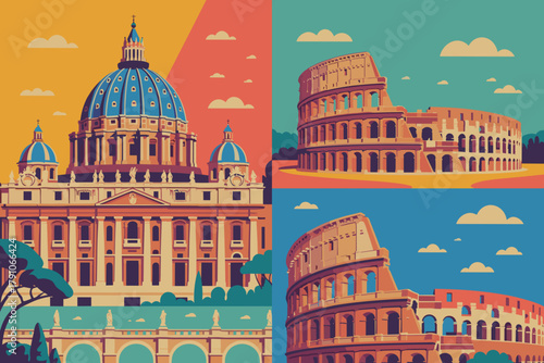 Colorful Vintage Illustration of Iconic Rome Landmarks with a Playful Palette and Minimalist Style