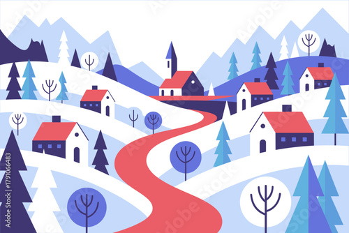 Charming Winter Village Scene with Snowy Landscapes and a Winding Red Pathway