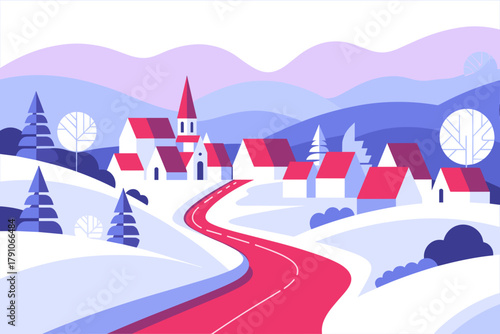 Charming Winter Village Scene with Pink and Purple Hues along a Winding Road