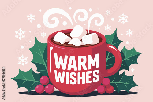 Cozy Hot Chocolate Mug Filled with Marshmallows Surrounded by Holly and Berries in a Festive Winter Setting