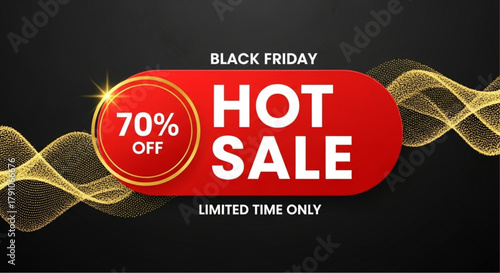 A striking Hot Sale advertisement for Black Friday, using bold design elements to draw the eye, showcasing a limited-time 70% off deal.  vector illustration