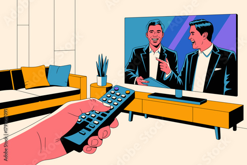 Enthusiastic Home Viewing Experience with Smiling Hosts on TV and Remote Control in Bright Living Room