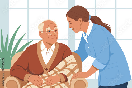 Caring Nurse Comforting Elderly Man with a Blanket in Bright, Airy Room