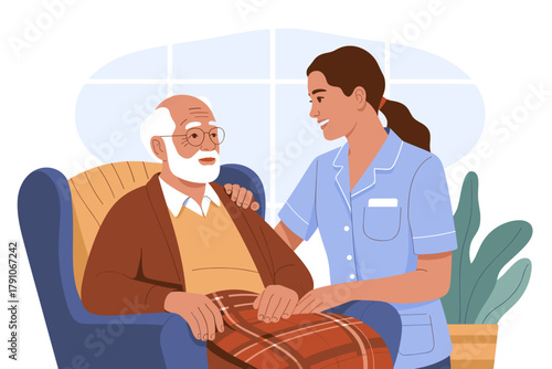 Compassionate Caregiver Offering Warmth and Companionship to Elderly Man in Comfortable Home Setting