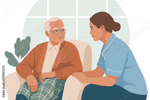 Compassionate Caregiver Engaging with Elderly Man in Cozy Home Setting