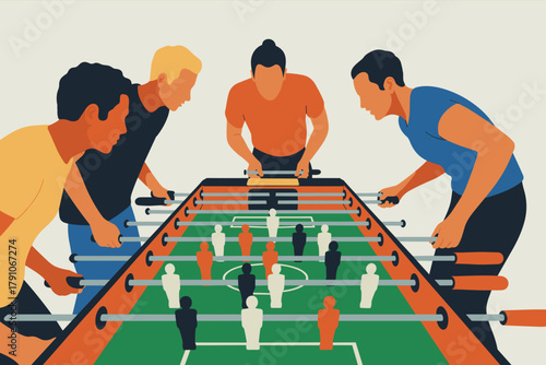 Exciting Foosball Match with Four Friends in Vibrant Colors and Energetic Atmosphere
