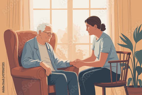 Heartwarming Moment Between Granddaughter and Grandfather in Sunlit Living Room with Cozy Armchair