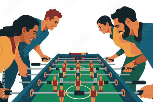 Exciting Foosball Match Among Friends Full of Laughter and Competitive Spirit in Bright Colors