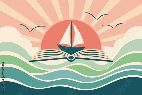 Whimsical Voyage: Open Book Sailing into a Sunset with Waves and Birds