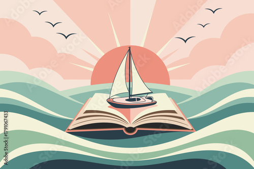 Whimsical Sailboat Journey Amidst Waves from an Open Book under a Serene Sunset