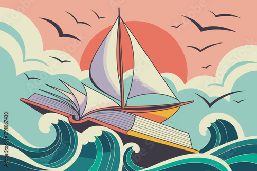 Whimsical Sailboat Crafted from an Open Book Gliding Through Vibrant Waves Under a Warm Sunset
