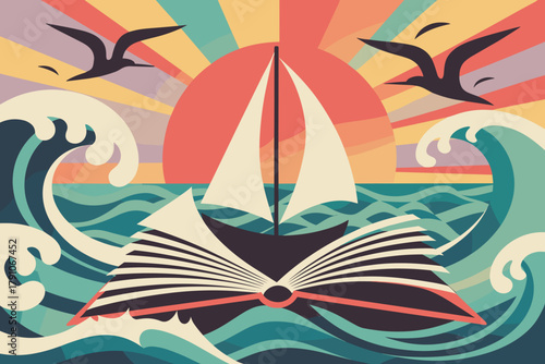 Inspirational Journey: Sailboat Navigating the Waves of Imagination Against a Vibrant Sunset