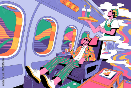 Stylish Passengers Enjoying Vibrant In-Flight Experience with Colorful Cocktails and Tasty Snacks