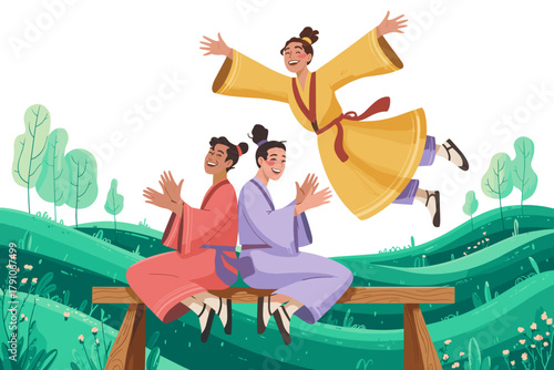 Joyful Friends Celebrating Together in Colorful Traditional Attire Amidst Lush Greenery