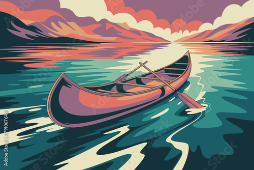 Serene Canoe Gliding Through Calm Waters Under a Vibrant Sunset in Pastel Hues