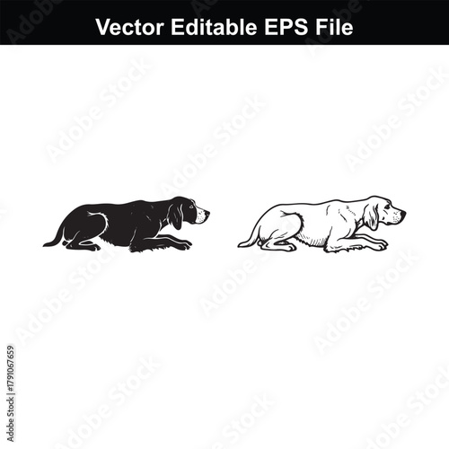 Two dogs, one black silhouette and one line art, lying down on a
