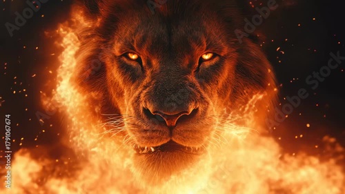Majestic lion head emerges from flames portraying strength and fierceness in a fiery background